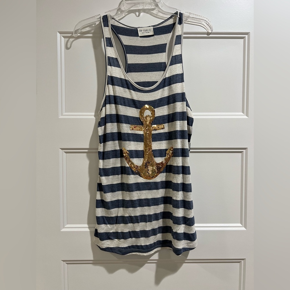 Navy and Cream Striped Tank Top with Gold Sequins Anchor - Size Small